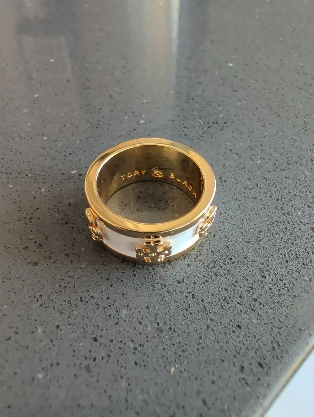 Tory Burch Yellow Gold Plated Enamel Band Ring White Logo Design Sz 7.75 - W49